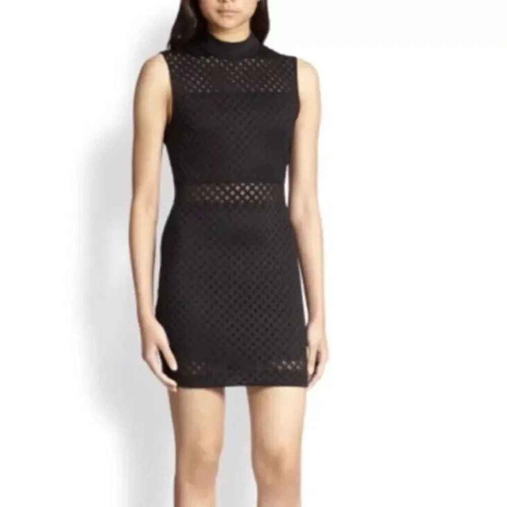 Elizabeth & James Black Neri Dress L Mini CutOut Sheer High Neck Sexy Club Party